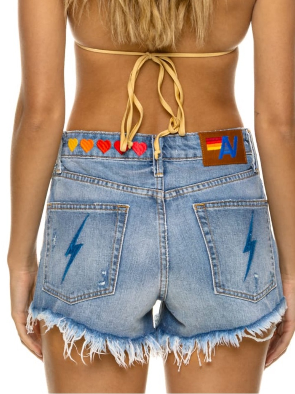 Aviator Nation Denim Cutoff Shorts with Embroidered Heart Trim and Bolts